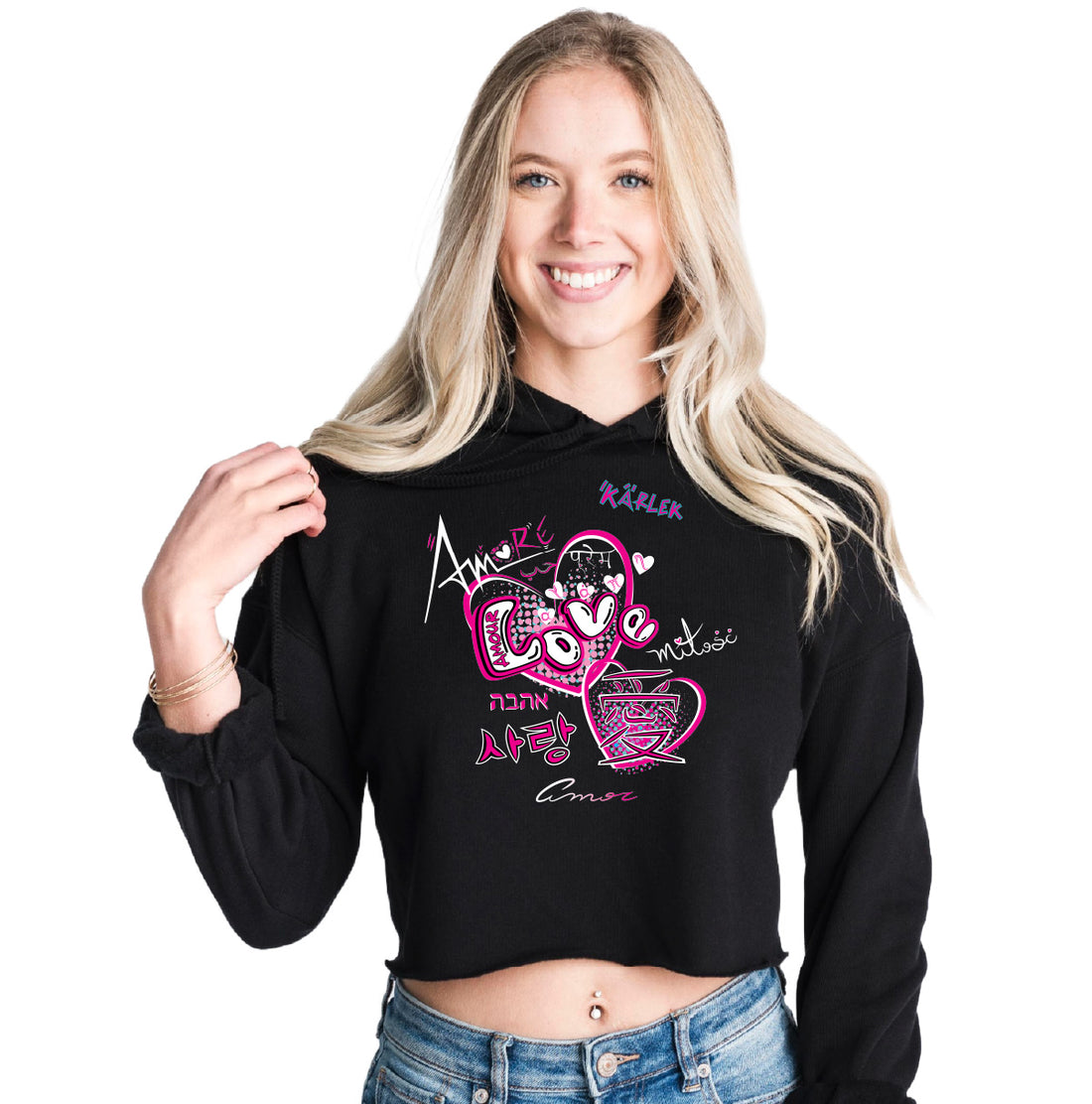 Women’s Premium Drop Shoulder Black Crop Hoodie, FreeStyle Love is Love Design, Front