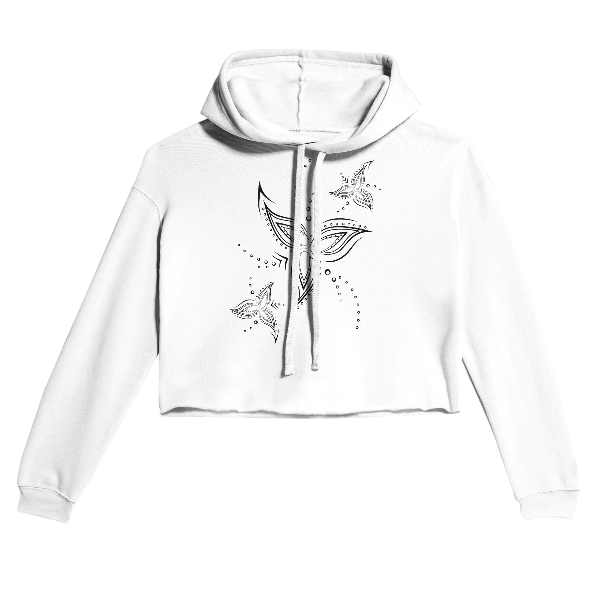 Women’s Premium White Drop Shoulder Crop Hoodie, Tribal Line Flower Graphic, Front 1
