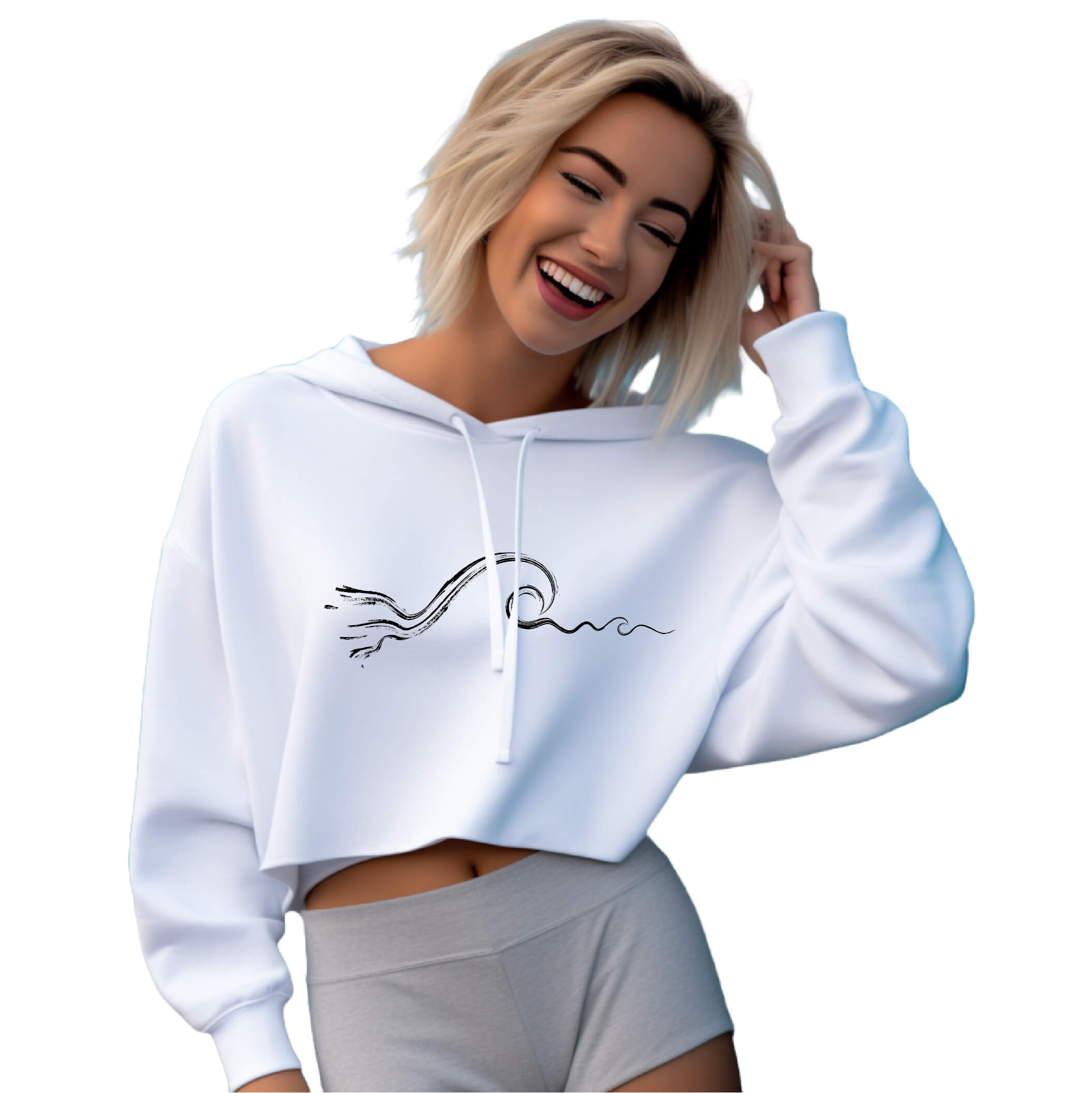 Women’s Premium White Surf Drop Shoulder Crop Hoodie, Wave Graphic, Front 