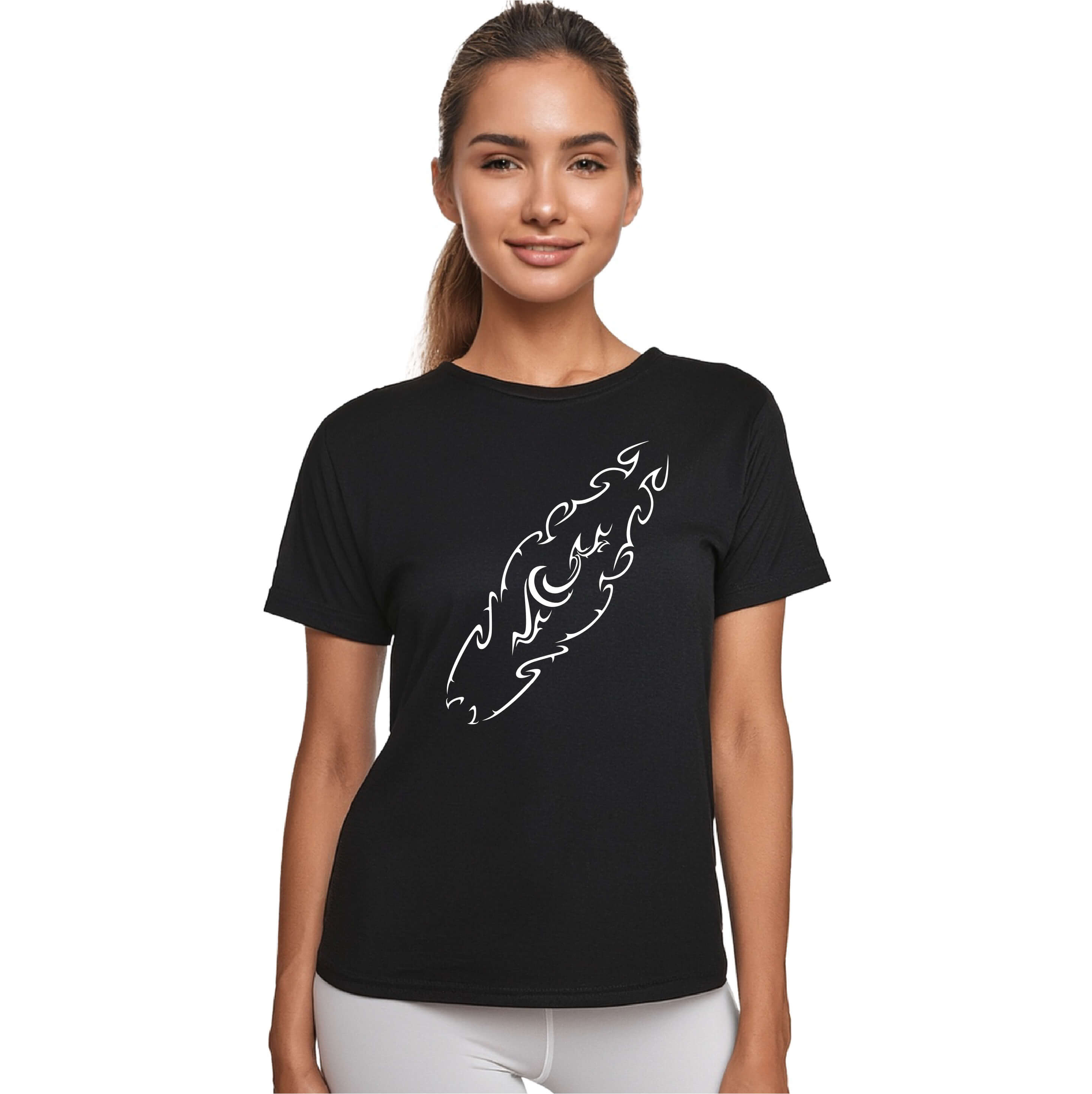 Women's Tribal Surfboard Premium Black T-shirt, Surf Style Clothing For Women, Freestyle Surfboard Design by an Indie Artist, Front 