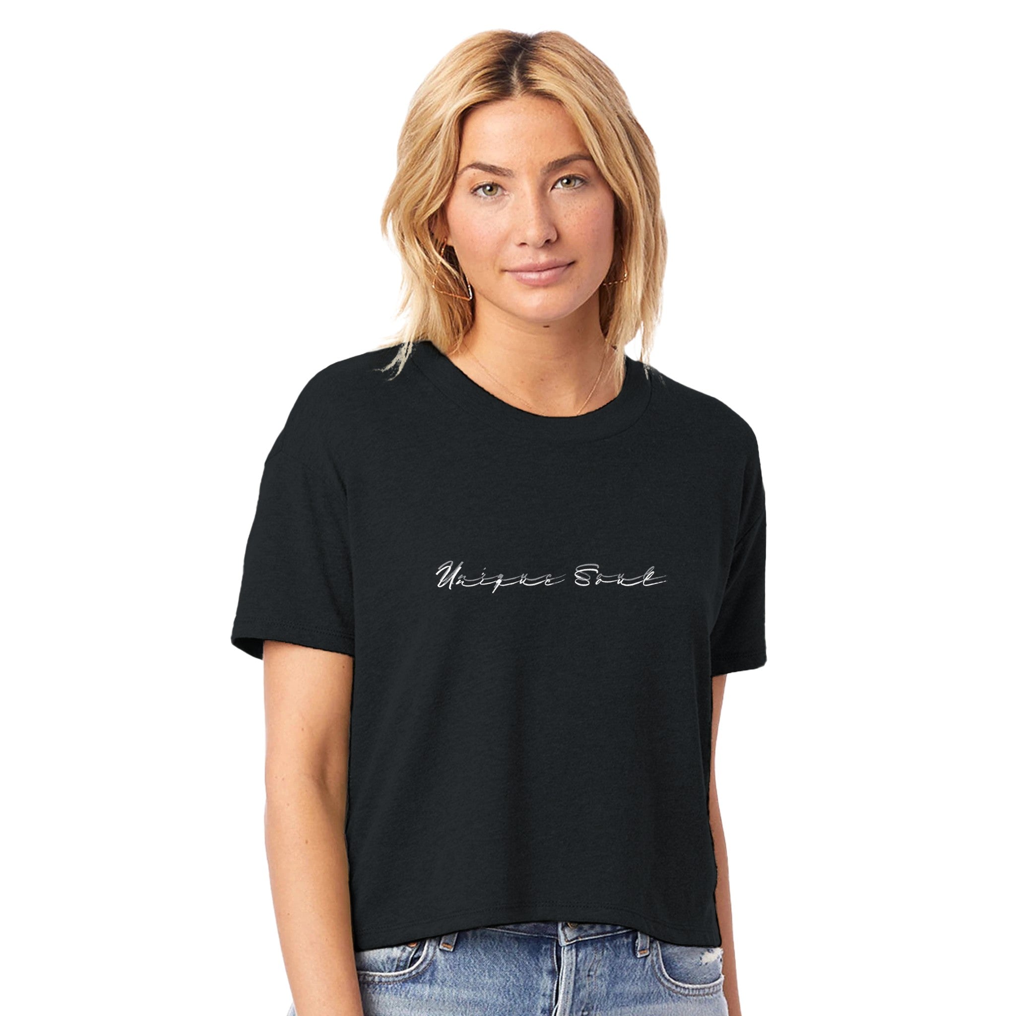 Women's Unique Soul Slogan Art Black Crop Top | Women's Slogan Apparel | Freestyle Inspiring Slogan Design | Ultra Light and Soft Eco Blend | Laidback Street Style by an Indie Artist | Front
