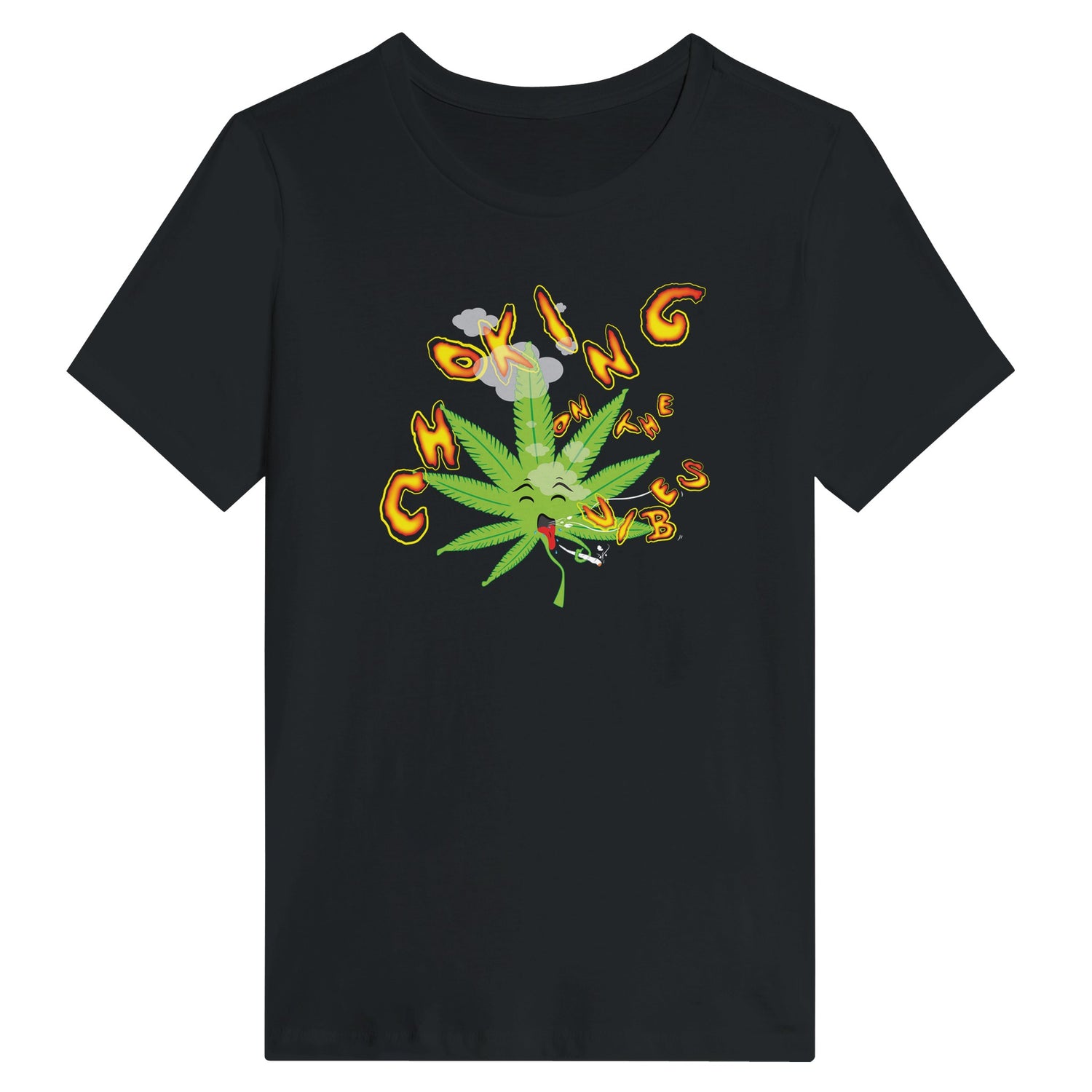 Woman wearing a black t-shirt with a design of a cartoon hemp leaf choking smoking weed.