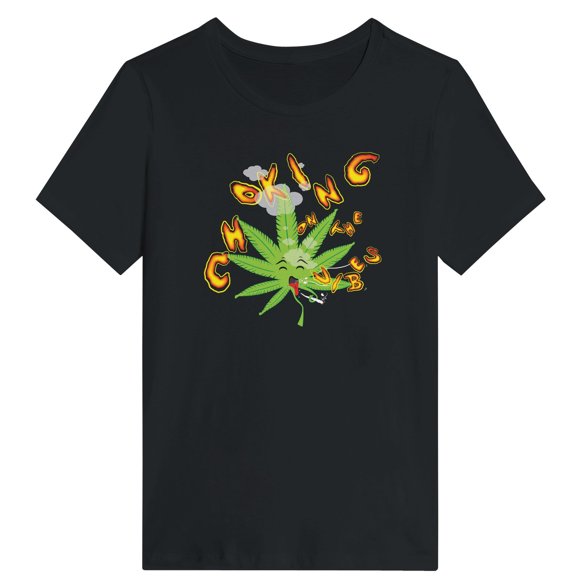 Woman wearing a black t-shirt with a design of a cartoon hemp leaf choking smoking weed.
