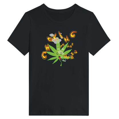 Woman wearing a black t-shirt with a design of a cartoon hemp leaf choking smoking weed.