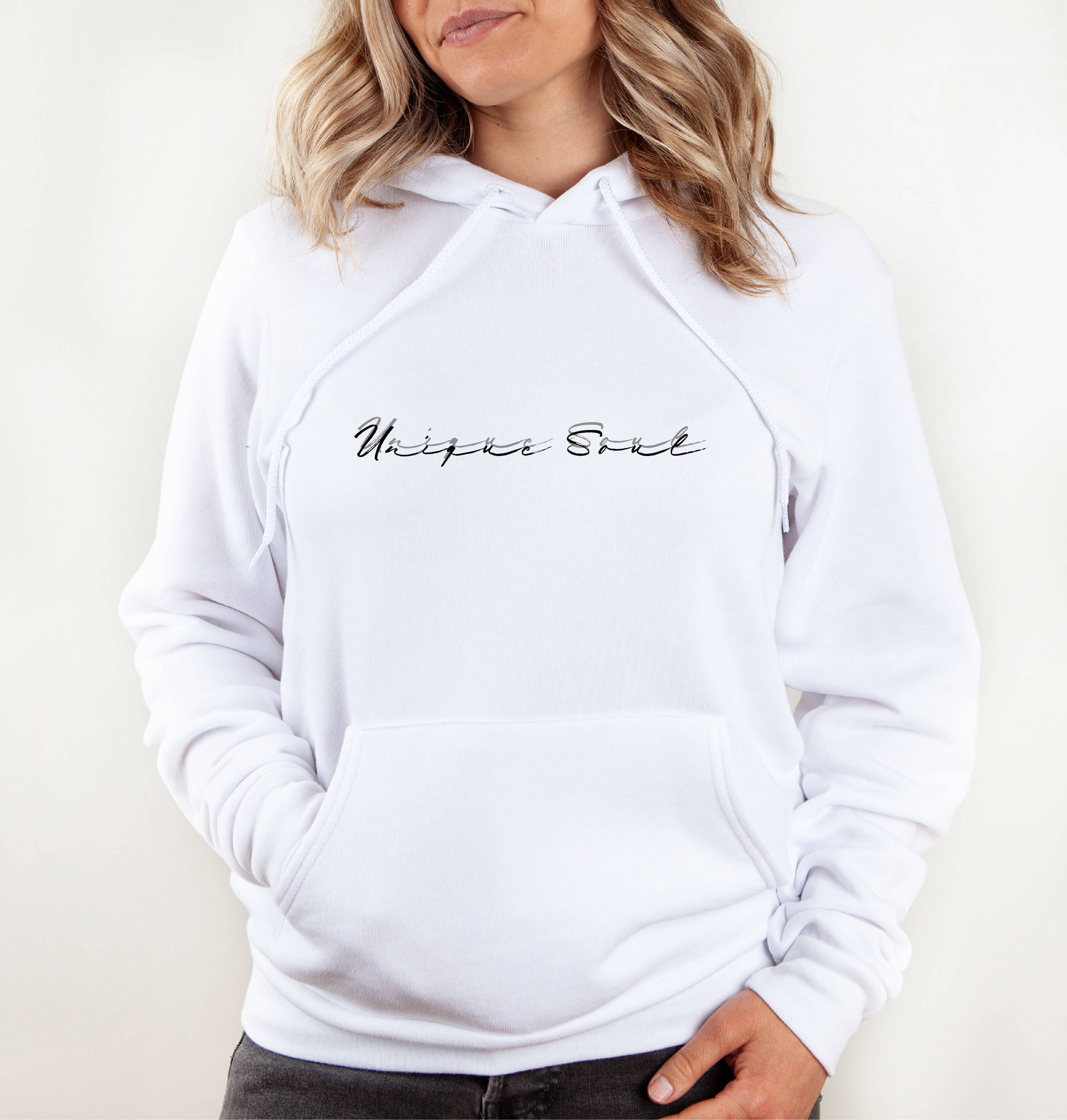 Women’s White Classic Premium Hoodie, Unique Soul Slogan Graphic, Front