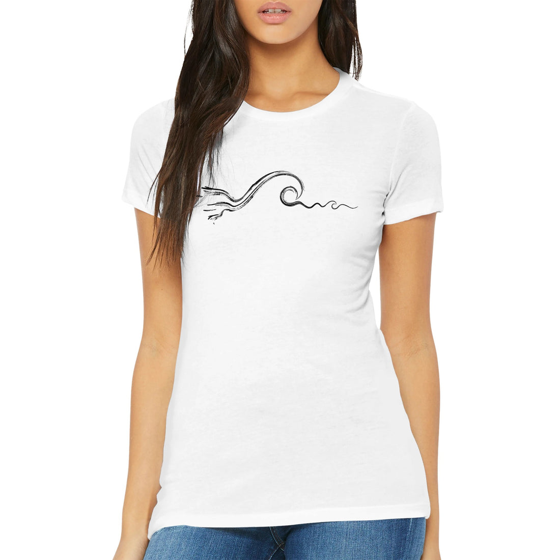 Women’s White Classic Slim Surf T-Shirt, Wave Graphic, Front 